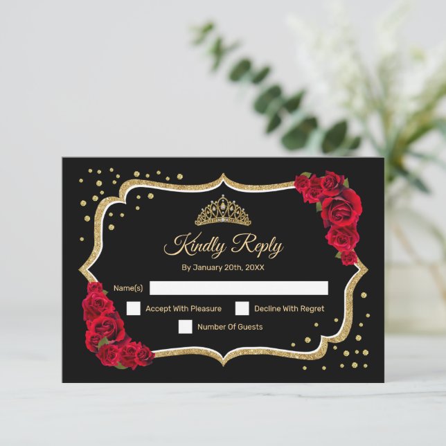 Black Gold Red Quinceanera RSVP Karte (Stehend Vorderseite)