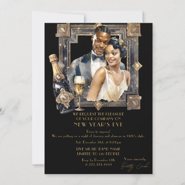 Black Gold Retro 1920 Luxury New Year Party Einladung (Vorderseite)