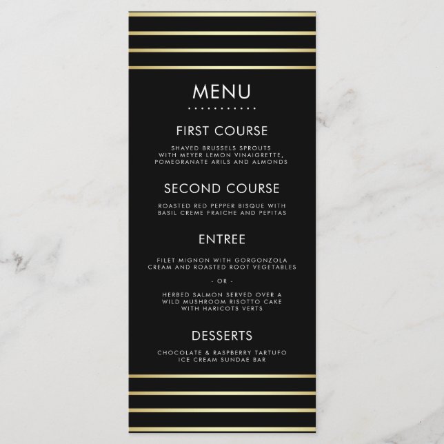 Black & Gold Rice Confetti Typografy Wedding Menu Menükarte (Vorderseite)