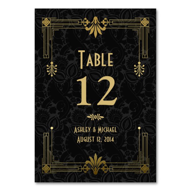 Black Gold Roaring 20er Art Deco Hochzeit Tischnummer (Vorderseite)