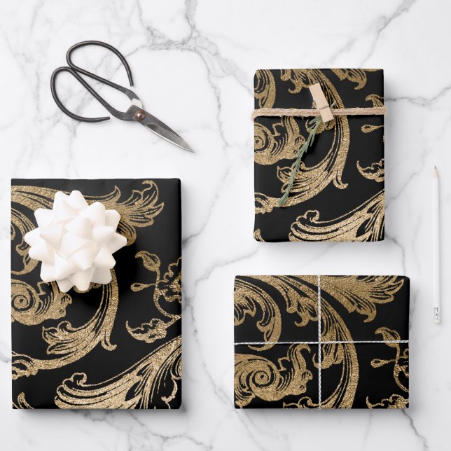 Black Gold Rokoko Baroque Swirl Geschenkpapier Set (Vorderseite)