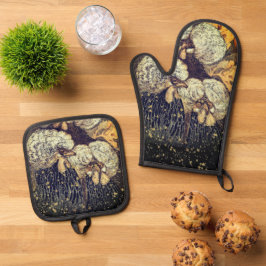 Black Gold Roosters Rustikales Muster Ofenhandschuh & Topflappen-Set