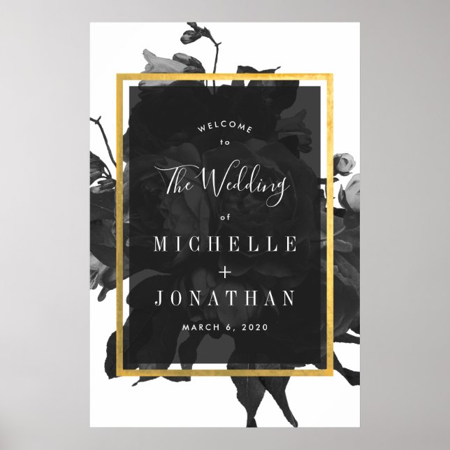 Black Gold Rose Bouquet Wedding Willkommens Poster (Vorne)