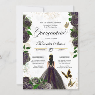 Black & Gold Rose Butterfly Mariposa Quinceanera Einladung
