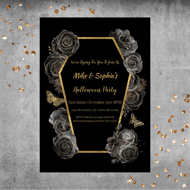 Black & Gold Rose Coffin Erwachsenes Halloween-Par Einladung (Von Creator hochgeladen)