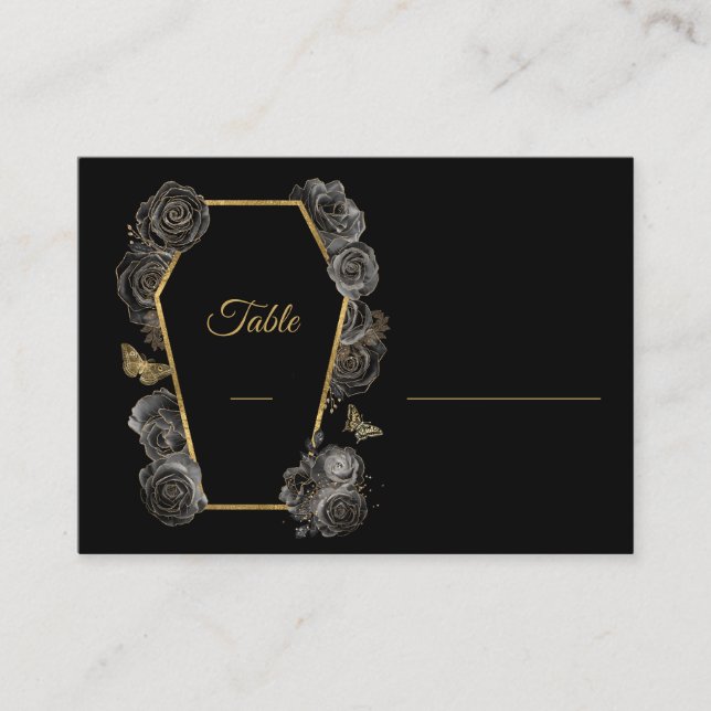 Black & Gold Rose Coffin Gothic Hochzeitsflat Platzkarte (Vorderseite)