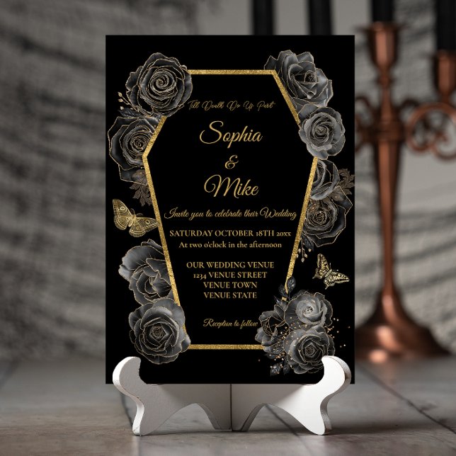 Black & Gold Rose Coffin Gotische Hochzeit Einladung (Von Creator hochgeladen)