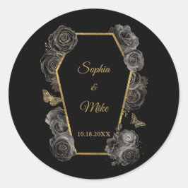 Black & Gold Rose Coffin Gotische Hochzeit Runder Aufkleber