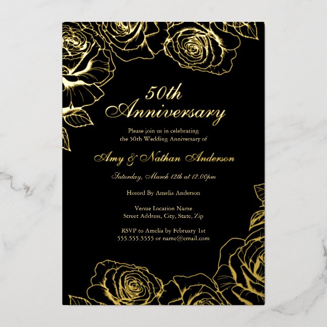 Black Gold Rose Garden 50. Hochzeitstag Folieneinladung (Vorderseite)