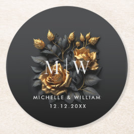 Black Gold Rose Gothic Monogram Wedding Runder Pappuntersetzer