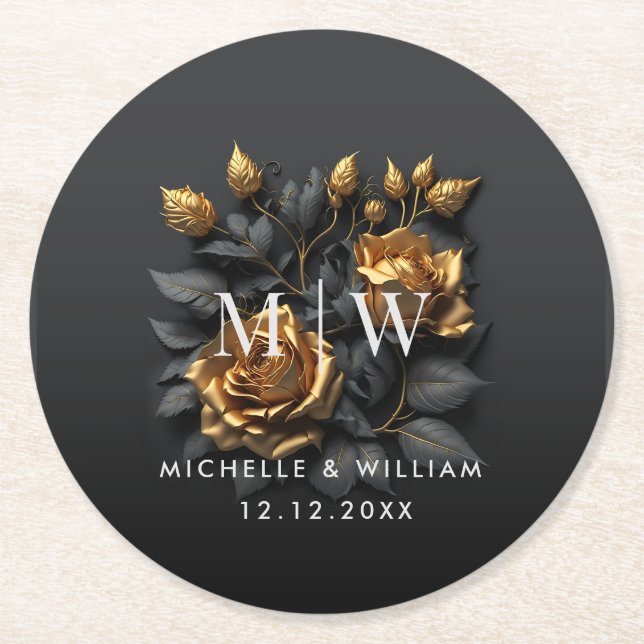 Black Gold Rose Gothic Monogram Wedding Runder Pappuntersetzer (Vorderseite)