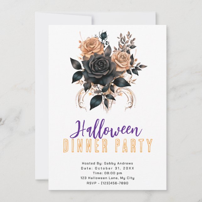 Black & Gold Rose Gotisches Halloween Party Einladung (Vorderseite)