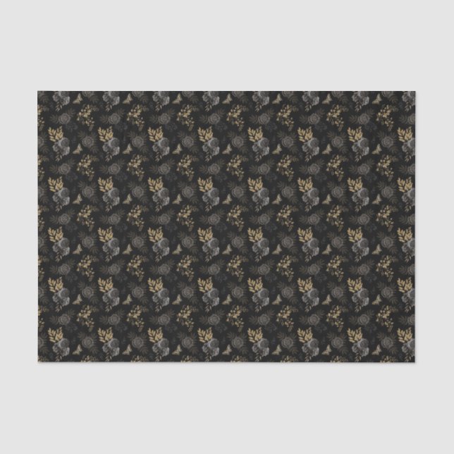 Black & Gold Rose Schmetterlinge Gotischer Glitzer Seidenpapier (Vorderseite)