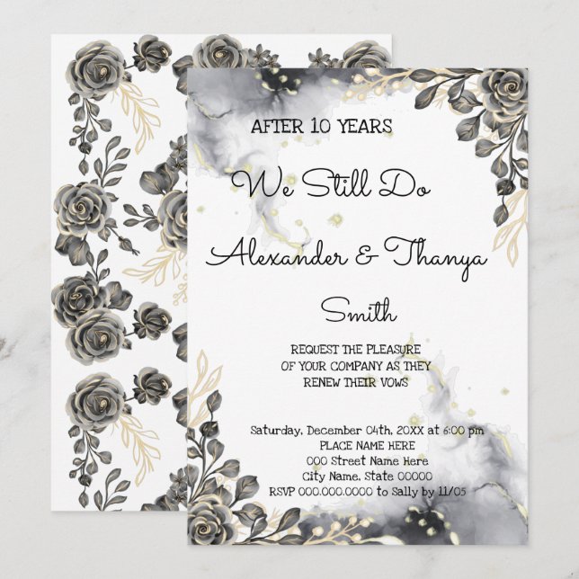Black&Gold-Rose zum Hochzeitstag Einladung (Vorne/Hinten)