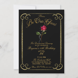 Black & Gold Rote Rose Schönheit Sweet 16 Geburtst Einladung