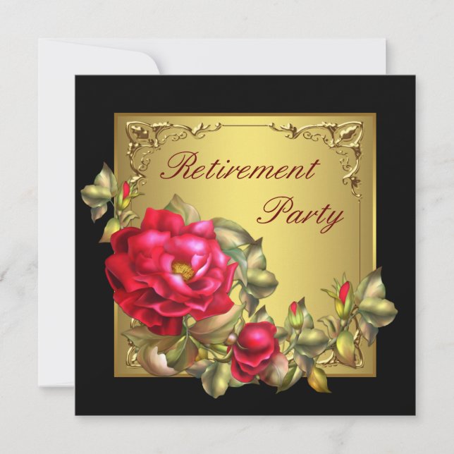 Black Gold Rote Rose Womans Retirement Party Einladung (Vorderseite)