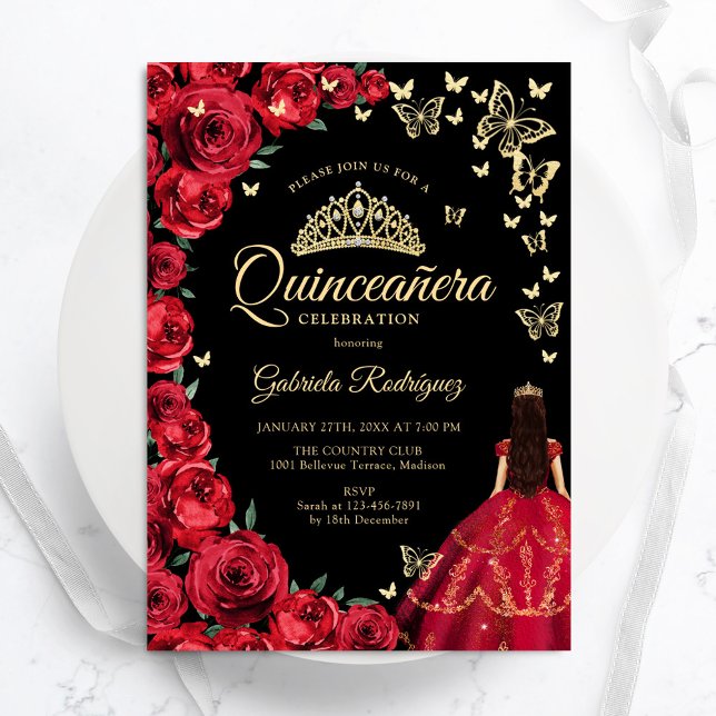 Black Gold Rote Rosen Schmetterlinge Quinceanera Einladung (Von Creator hochgeladen)