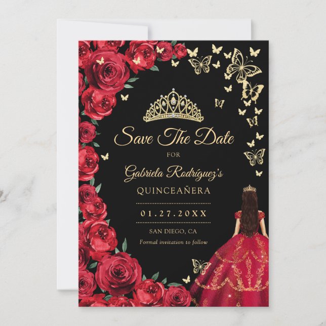Black Gold Rote Rosen Schmetterlinge Quinceanera Save The Date (Vorderseite)