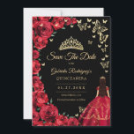 Black Gold Rote Rosen Schmetterlinge Quinceanera Save The Date<br><div class="desc">Das Schwarz-Rot-Gold Quinceanera Feiern Save the Date Karte. Features brünettes Mädchen in Ballkleid,  Skript-Schriftart,  Goldschmetterlinge,  rote Rosen und Tiara. Ideal für eine elegante Glasfeier im Prinzessinnstil. Personalisieren Sie Ihre persönlichen Daten. Gedruckte Zazzle-Karten oder Sofortdownload digitaler Druckvorlage.</div>