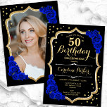 Black Gold Royal Blue Foto 50. Geburtstag Einladung<br><div class="desc">Elegante florale Einladung zum 50. Geburtstag mit Ihrem Foto auf der Kartenrückseite. Glam schwarz und königsblau Design mit Imitaten Glitzer Gold. Enthält sapphire-blaue Rose, Skript-Schriftart und Konfetti. Ideal für ein stilvolles Party für Erwachsene. Personalisieren Sie Ihre persönlichen Daten. Kann für jedes Alter angepasst werden! Gedruckte Zazzle Einladungen oder Sofortdownload digitalen...</div>