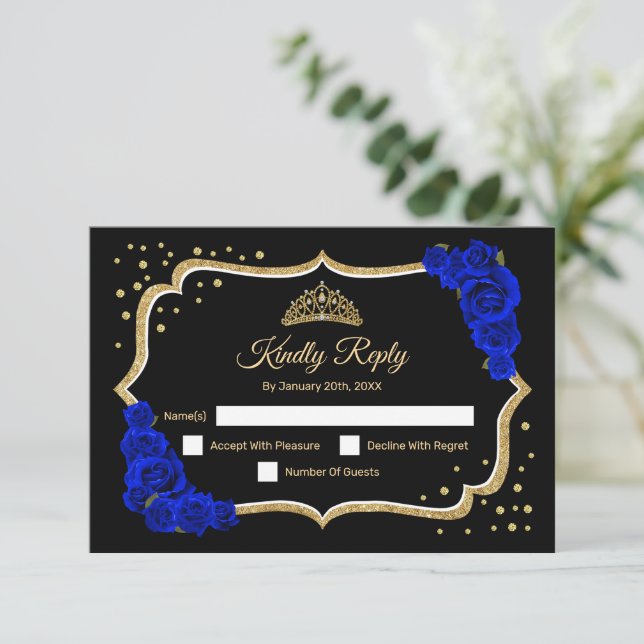 Black Gold Royal Blue Quinceanera RSVP Karte (Stehend Vorderseite)