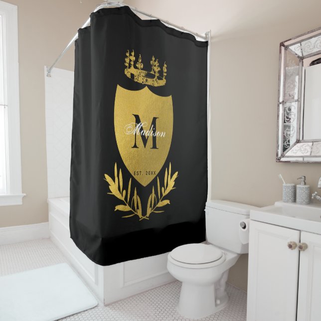 Black & Gold Royal Emblem Shield Monogram Duschvorhang (Beispiel)