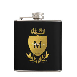 Black & Gold Royal Emblem Shield Monogram Flachmann