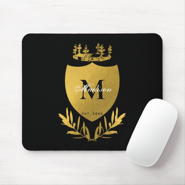 Black & Gold Royal Emblem Shield Monogram Mousepad (Mit Mouse)