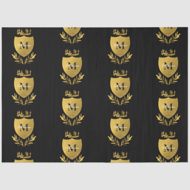 Black & Gold Royal Emblem Shield Monogram Seidenpapier (Vorderseite)