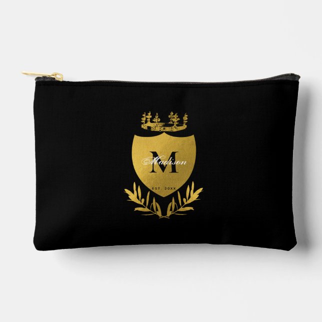 Black & Gold Royal Emblem Shield Monogram Zubehörtasche (Vorderseite)