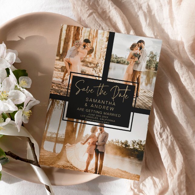 black gold save the date 3 photo grid collage (Von Creator hochgeladen)