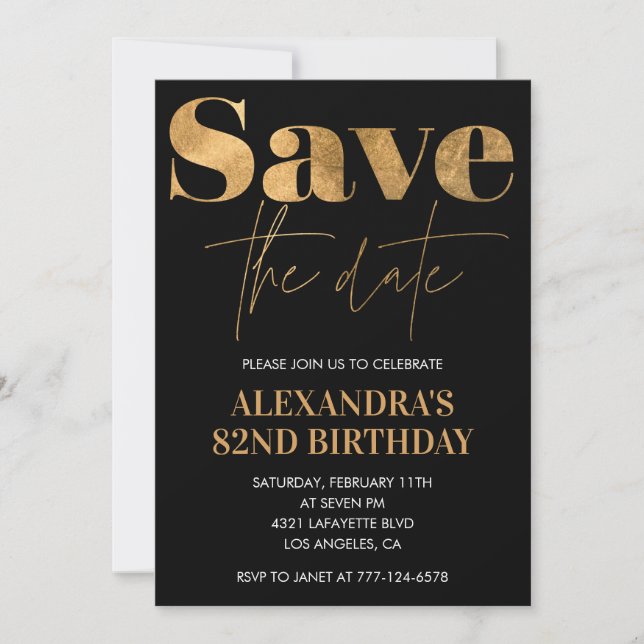 Black Gold Save the Date 82. Geburtstag Einladung (Vorderseite)