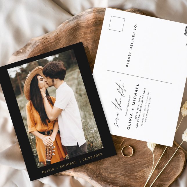 Black Gold Save the Date Postcard Foto Minimalisti Postkarte (Von Creator hochgeladen)