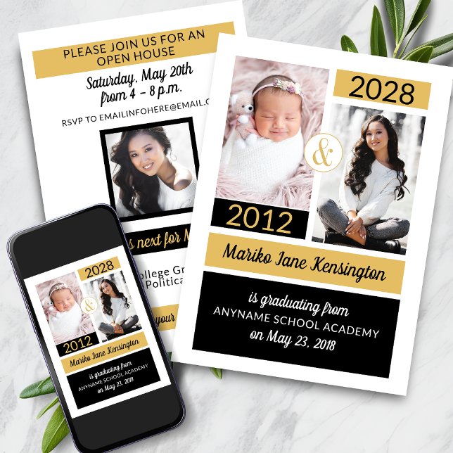 Black Gold School Colors - damals und heute Abschl Einladung (Black Gold School Colors Then and Now Graduation Announcement)