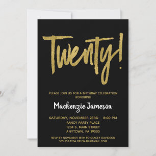 Black Gold Script 20th Birthday Party Invitation