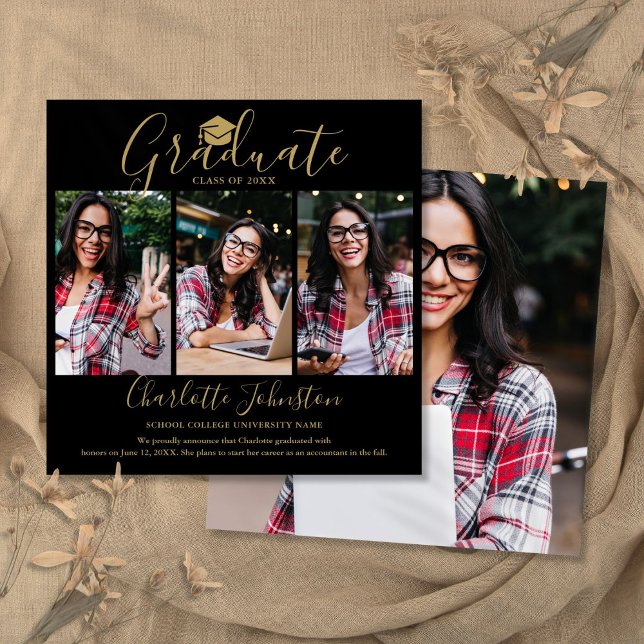 Black Gold Script 4 Foto Abschluss Ankündigung (Black Gold Script 4 Photo Graduation Announcement)