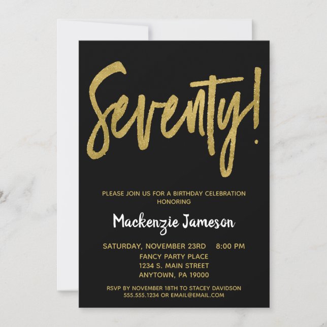 Black Gold Script 70th Birthday Party Invitation (Devant)