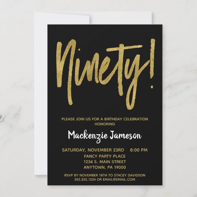 Black Gold Script 90th Birthday Party Invitation (Devant)