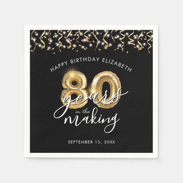 Black Gold Script Ballon Streamers zum 80. Geburts Serviette (Vorderseite)