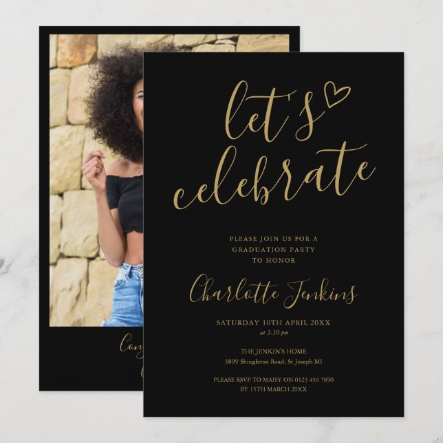 Black Gold Script Celebrate Foto Graduation Party Einladung (Vorne/Hinten)