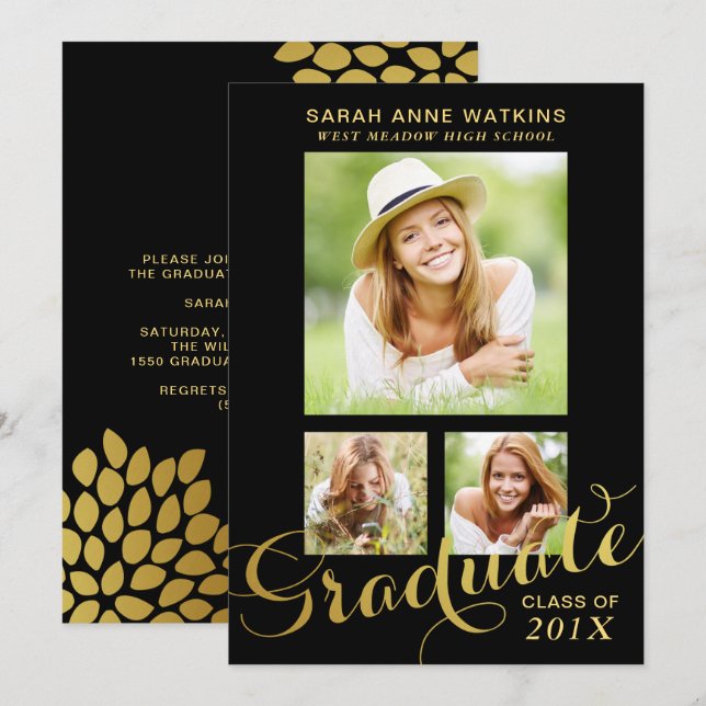 Black Gold Script Drei Foto Abschluss Einladung (Vorne/Hinten)