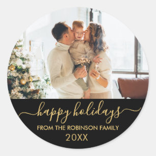 Black Gold Script Familie Foto Happy Holidays Runder Aufkleber