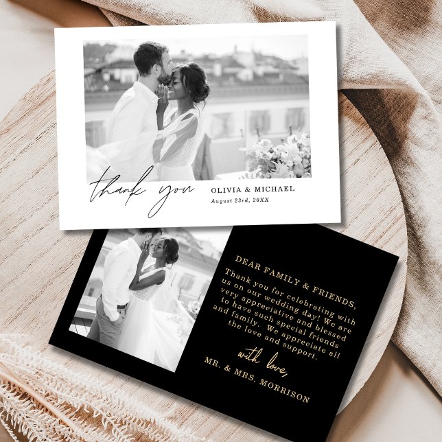 Black Gold Script Foto Hochzeit Dankeschön Karte (Von Creator hochgeladen)