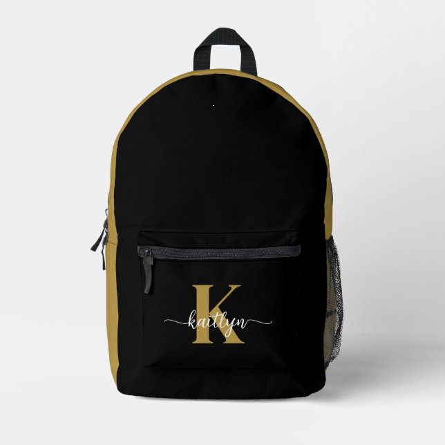Black Gold Script Monogram Bedruckter Rucksack (Vorderseite)