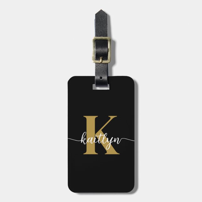 Black Gold Script Monogram Gepäckanhänger (Vorderseite vertikal)