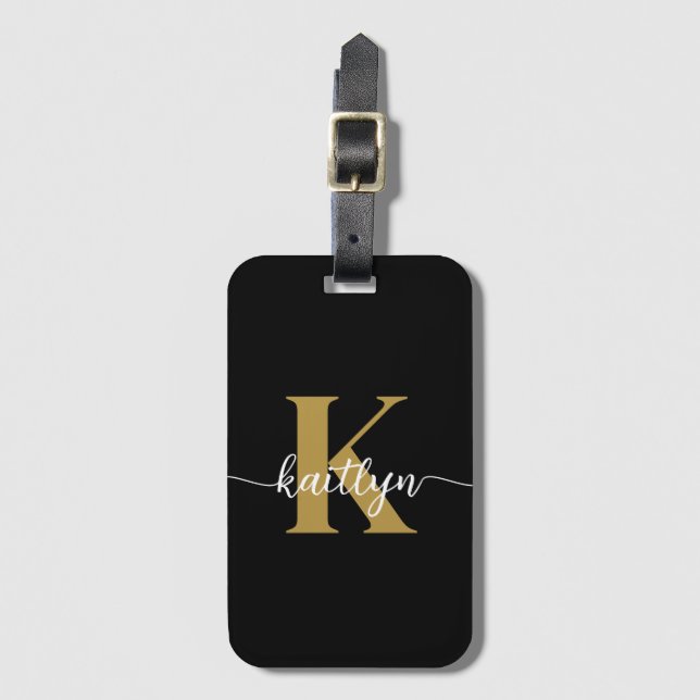 Black Gold Script Monogram Gepäckanhänger (Vorderseite Vertikal)