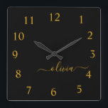 Black Gold Script Monogram Girly Name Quadratische Wanduhr<br><div class="desc">Gold and Black Script Monogram Name Clock. This makes the perfect sweet 16 birthday,  wedding,  bridal shower,  anniversary,  baby shower or bachelorette party gift for someone that loves glam luxury and chic styles.</div>