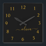 Black Gold Script Monogram Girly Name Quadratische Wanduhr<br><div class="desc">Gold and Black Script Monogram Name Clock. This makes the perfect sweet 16 birthday,  wedding,  bridal shower,  anniversary,  baby shower or bachelorette party gift for someone that loves glam luxury and chic styles.</div>