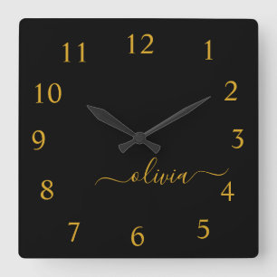 Black Gold Script Monogram Girly Name Quadratische Wanduhr