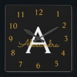 Black Gold Script Monogram Girly Name Quadratische Wanduhr<br><div class="desc">Gold and Black Script Monogram Name Clock. This makes the perfect sweet 16 birthday,  wedding,  bridal shower,  anniversary,  baby shower or bachelorette party gift for someone that loves glam luxury and chic styles.</div>